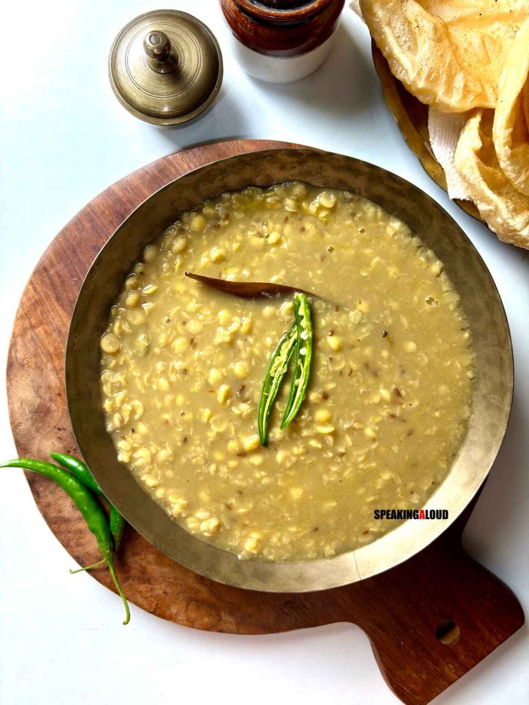 Bengali style niramish cholar dal served with luchi